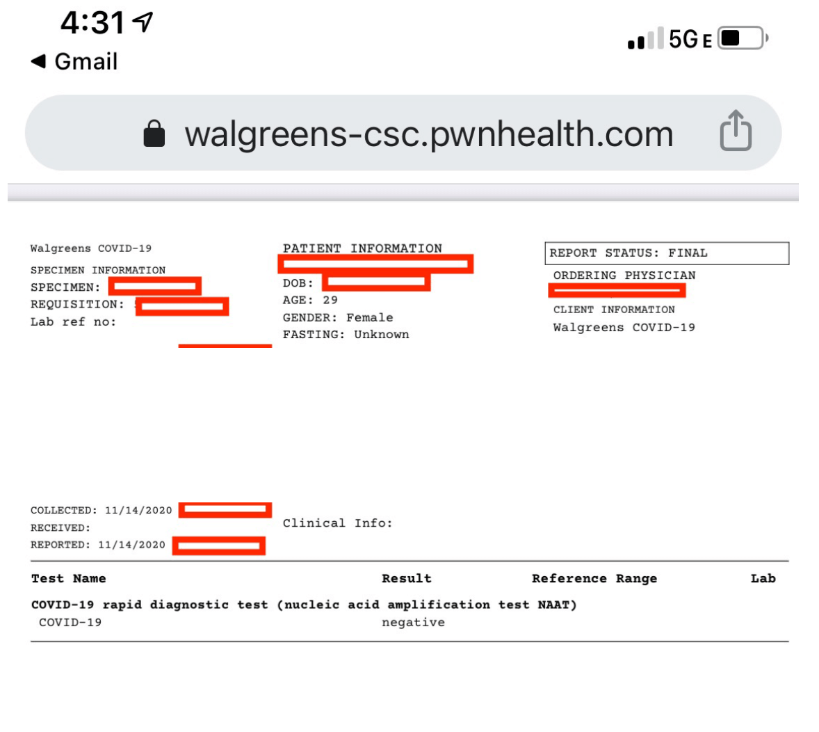 sample negative covid test results